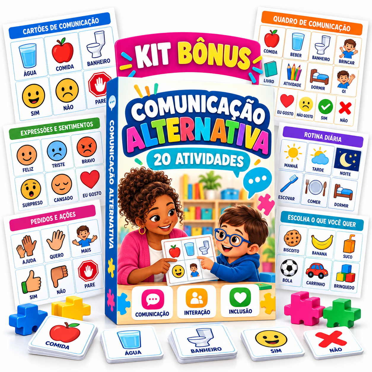 Representação do Kit Comunicação Alternativa em fichas, cartões e folhas soltas