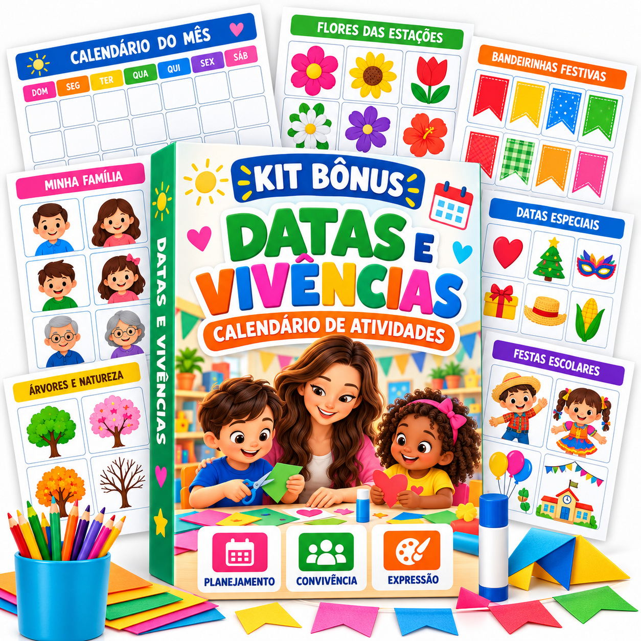 Representação do Kit Datas e Vivências em fichas, cartões e folhas soltas