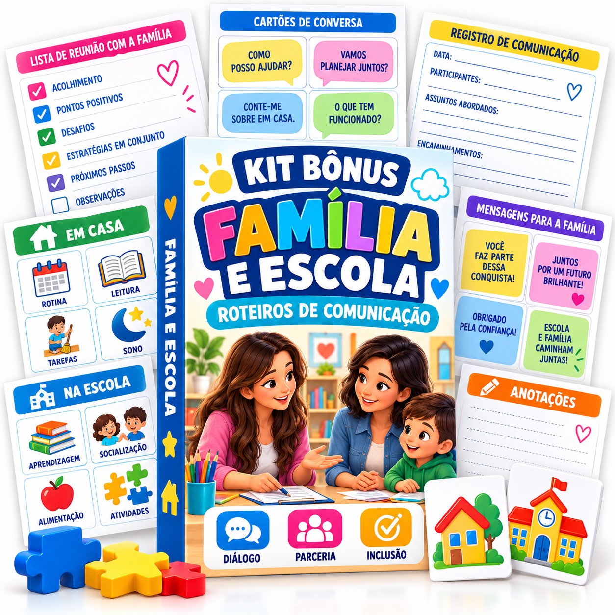 Representação do Kit Família e Escola em fichas, cartões e folhas soltas