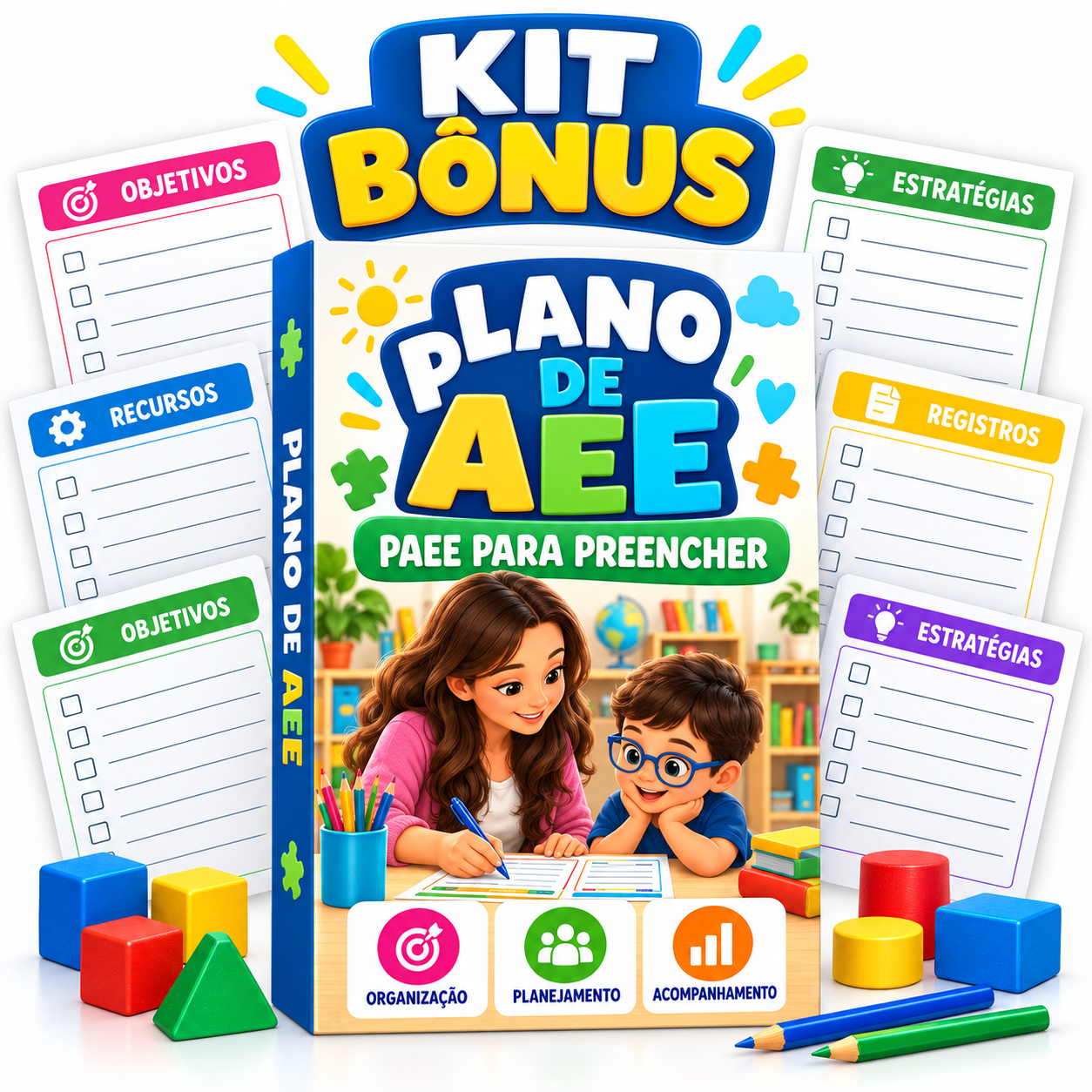 Representação do Kit Plano de AEE em fichas, cartões e folhas soltas