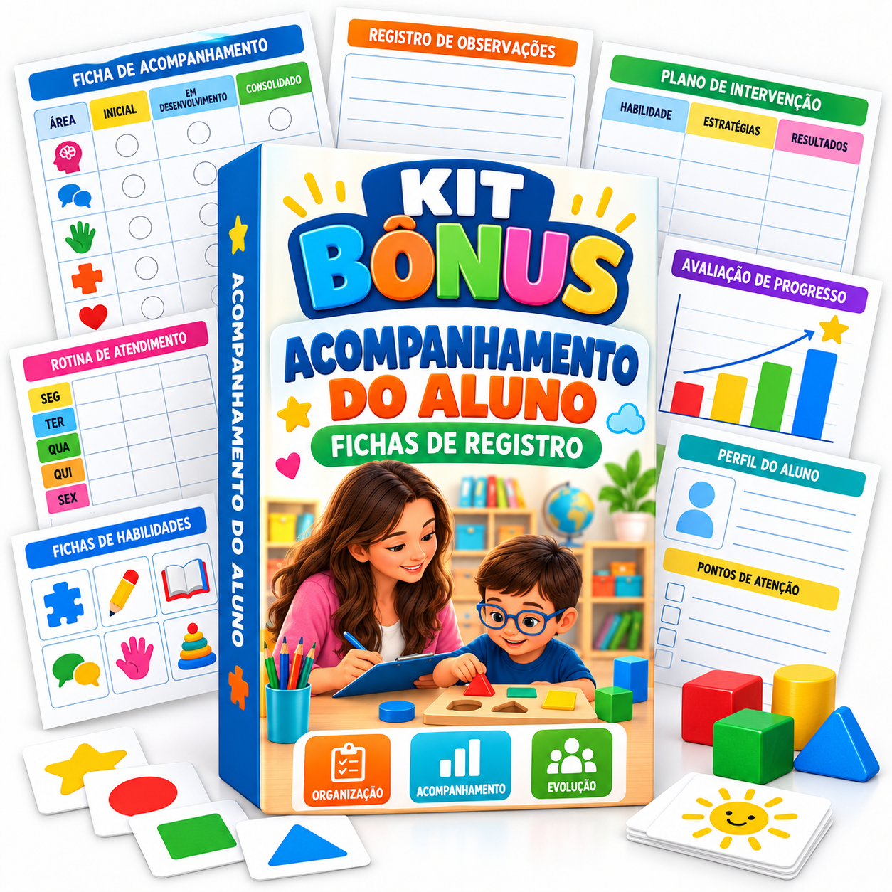 Representação do Kit Acompanhamento do Aluno em fichas, cartões e folhas soltas