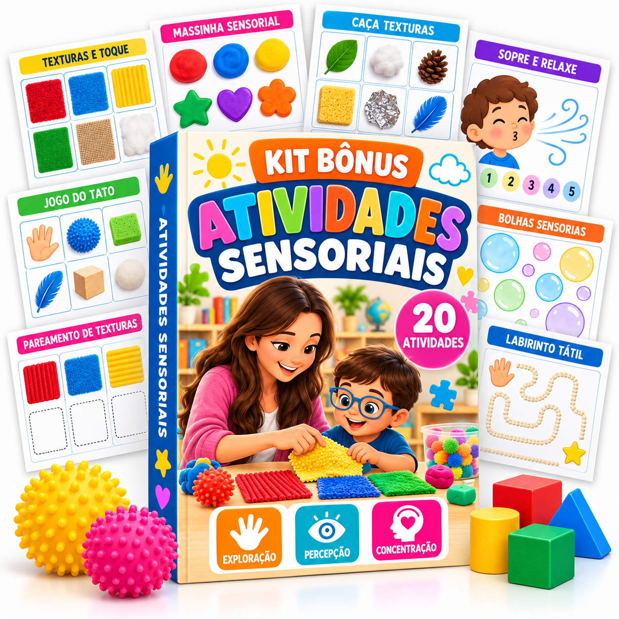 Representação do Kit Atividades Sensoriais em fichas, cartões e folhas soltas